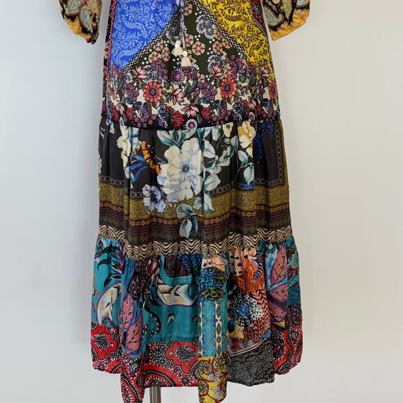 Johnny Was Silk Tibby Jaime 3/4 Sleeve Tiered Maxi Dress Multicolor Patchwork XS - Picture 12 of 15